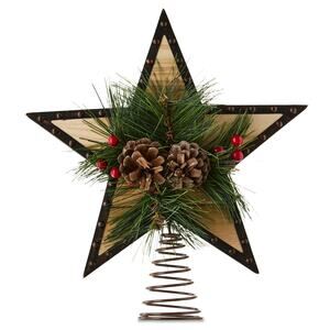 Rustic Wooden Metal Star Christmas Tree Topper 11" Pinecone Holly Holiday Decor